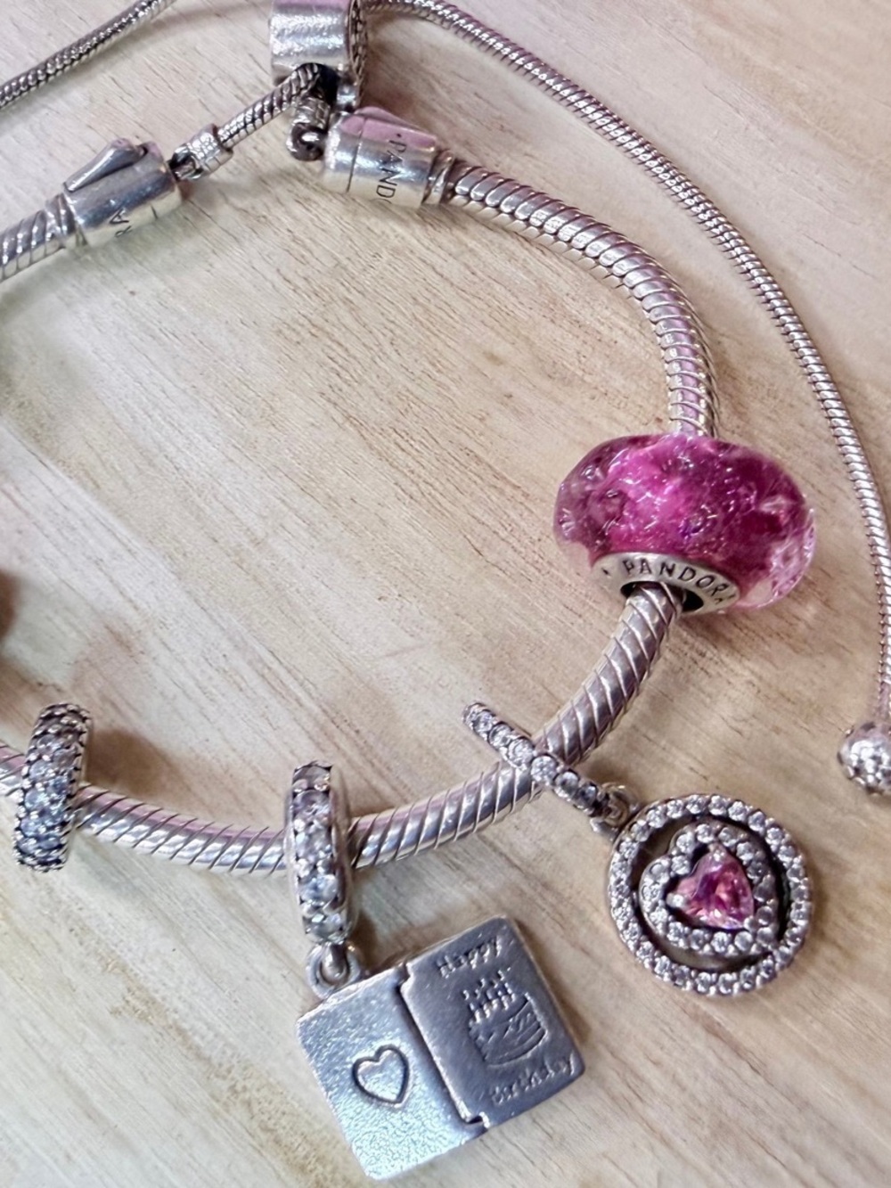 Pandora Silver Charm Bracelet with Pink and Blue Accents